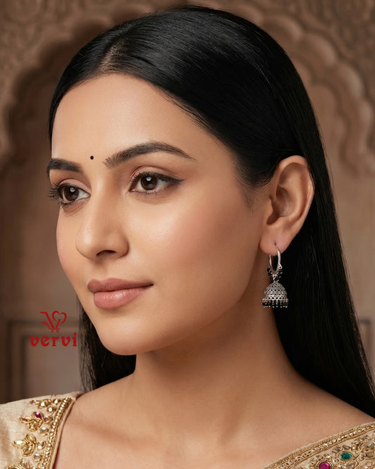 Oxidized Silver Hoop Jhumka with Black Beads