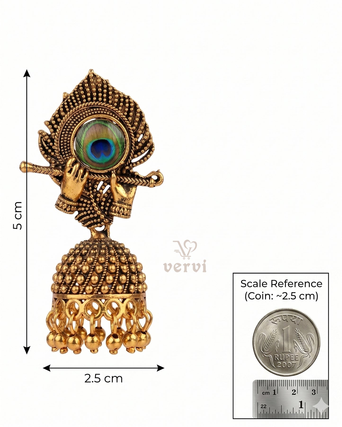 Golden Flute Peacock Feather Jhumka