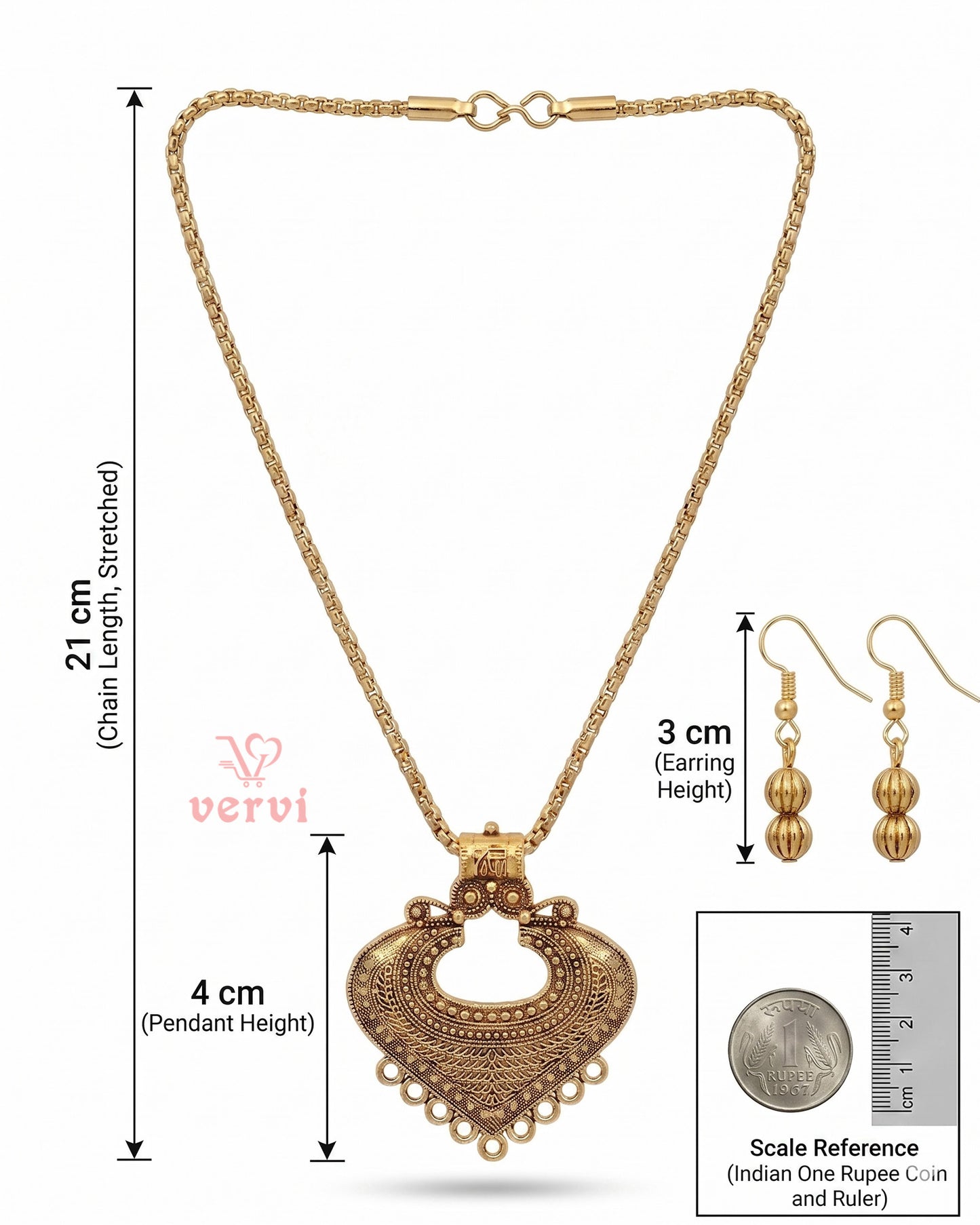 Gold Antique Pendant chain and Beads Earring