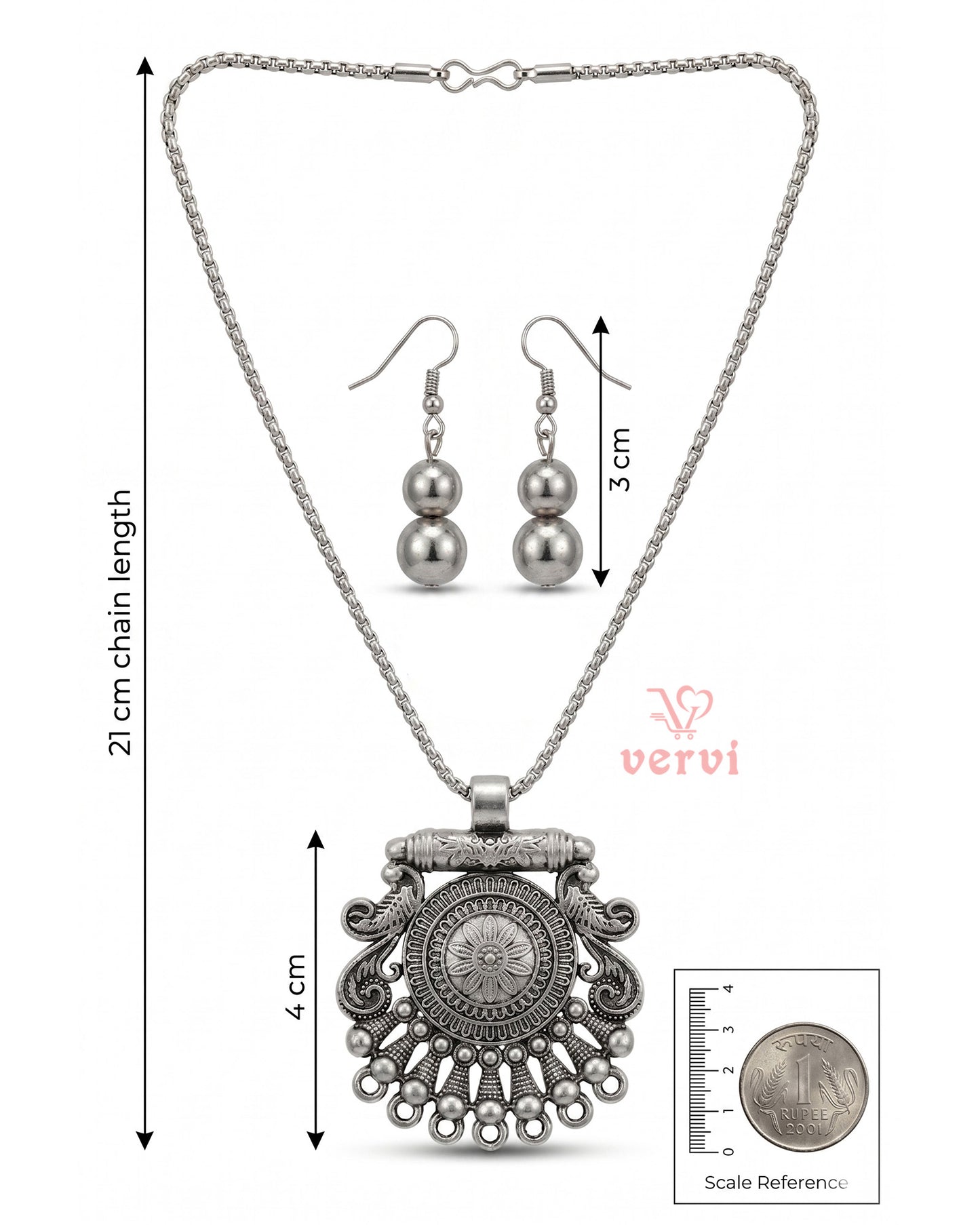 Silver Peacock Pendant chain and Beads Earring