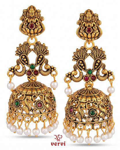 Antique Temple Lakshmi Jhumka with Pearl Drops