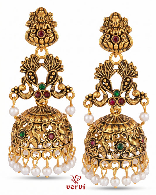 Antique Temple Lakshmi Jhumka with Pearl Drops