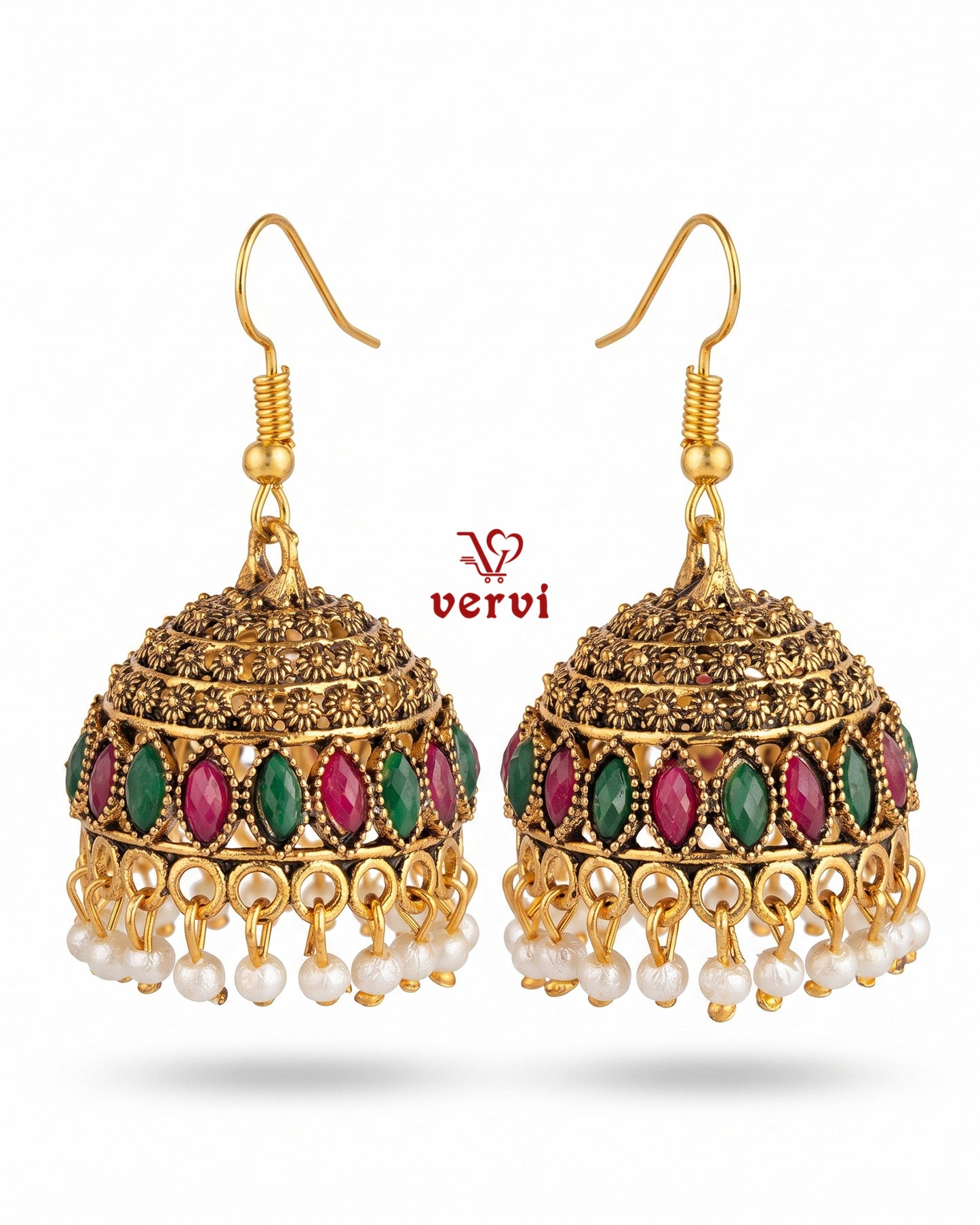 Ethnic Red Green Stone Jhumka