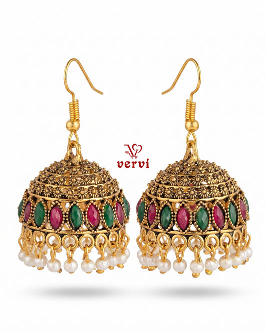 Ethnic Red Green Stone Jhumka