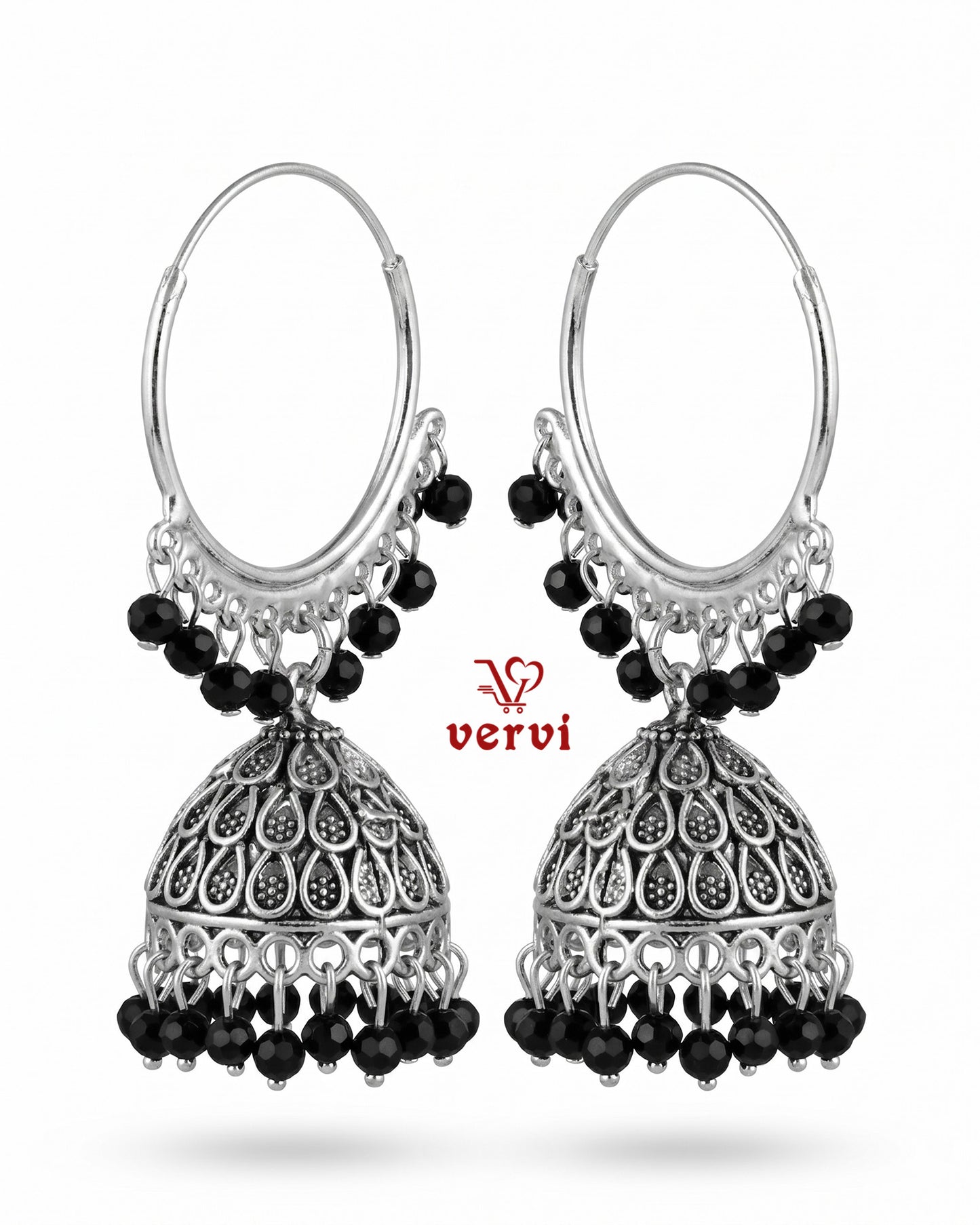 Oxidized Silver Hoop Jhumka with Black Beads