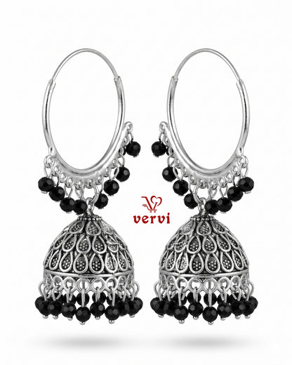 Oxidized Silver Hoop Jhumka with Black Beads