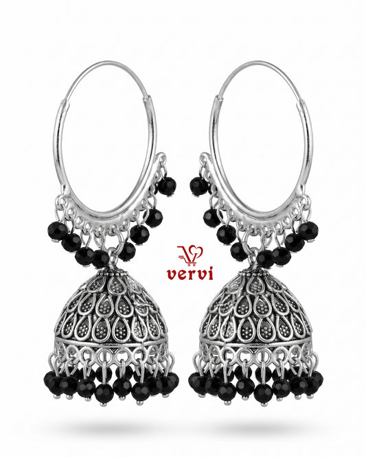 Oxidized Silver Hoop Jhumka with Black Beads