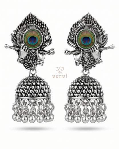 Oxidized Flute Peacock Feather Jhumka