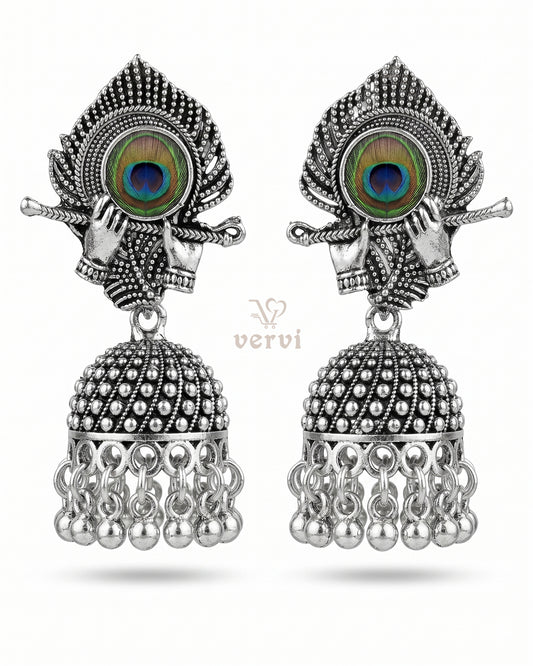 Oxidized Flute Peacock Feather Jhumka