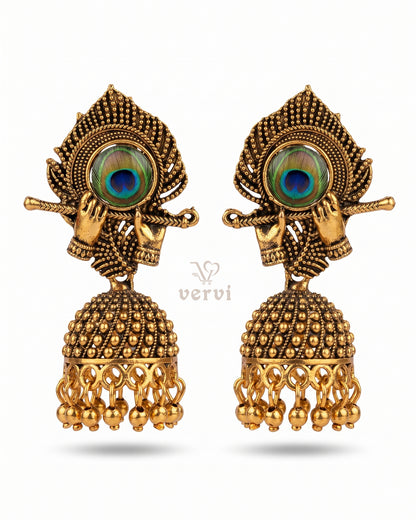 Golden Flute Peacock Feather Jhumka