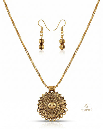 Gold Floral Pendant chain and Beads Earring