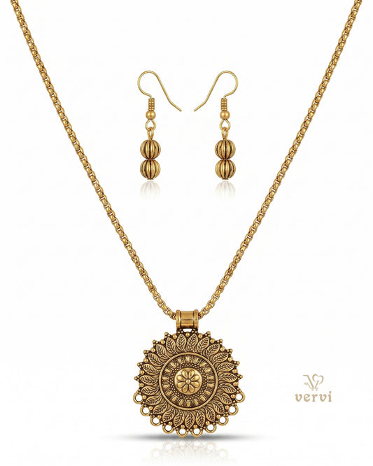 Gold Floral Pendant chain and Beads Earring