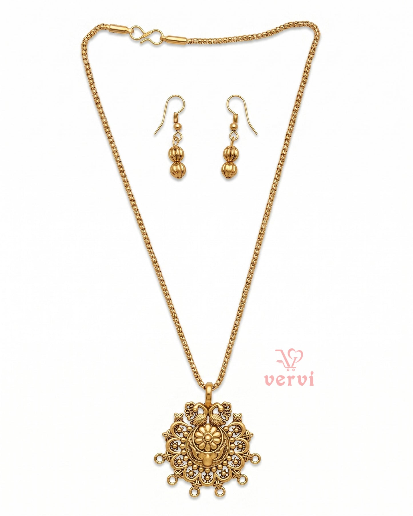 Gold Peacock Floral Pendant chain and Beads Earring