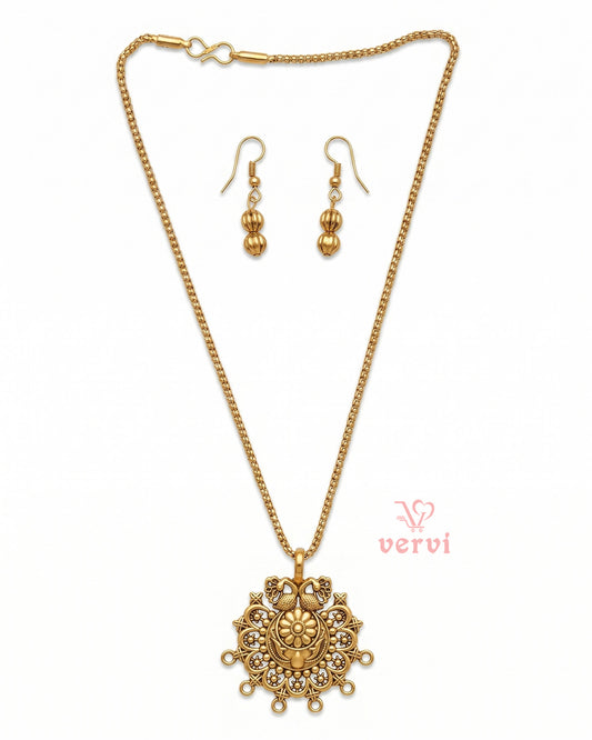 Gold Peacock Floral Pendant chain and Beads Earring