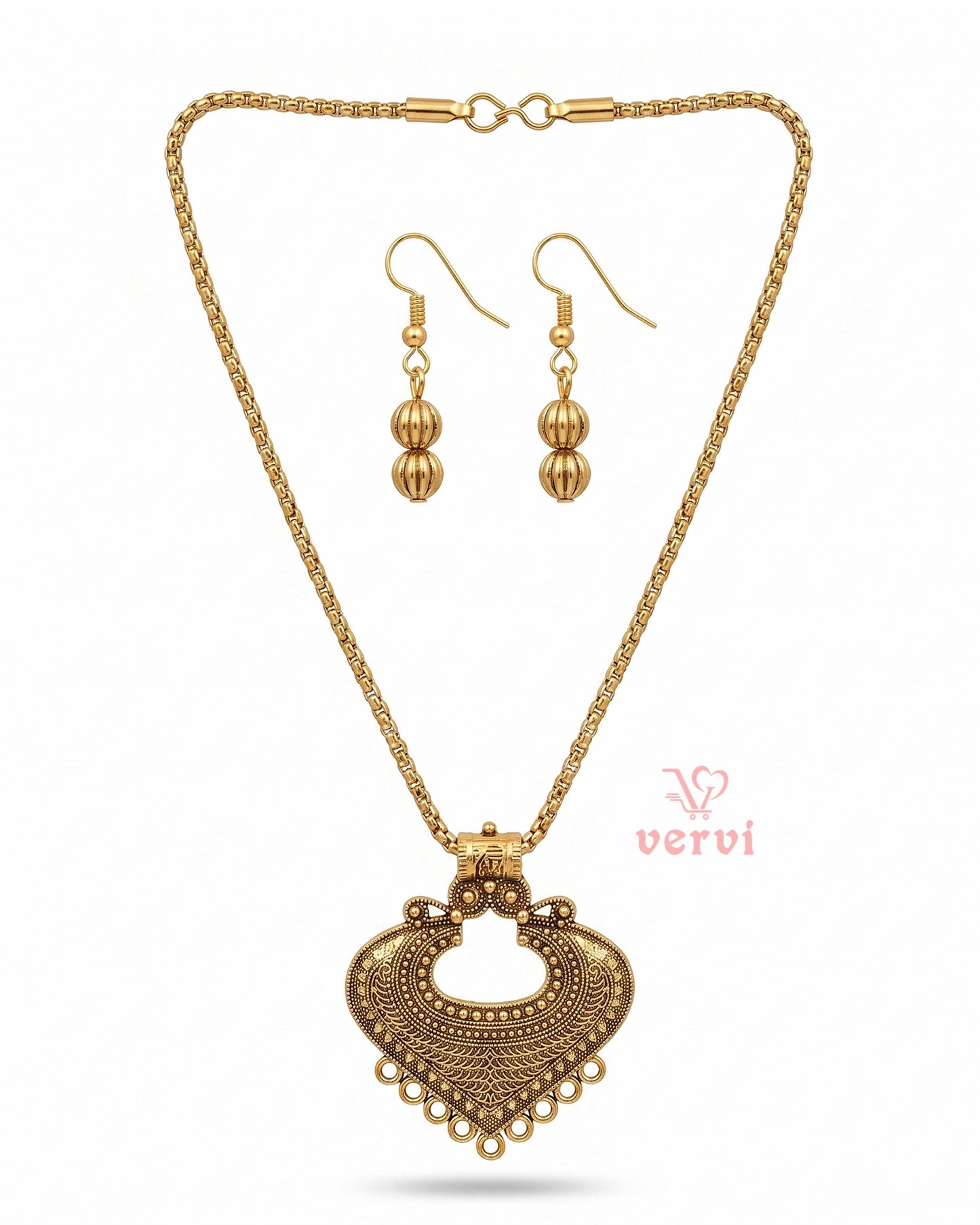 Gold Antique Pendant chain and Beads Earring