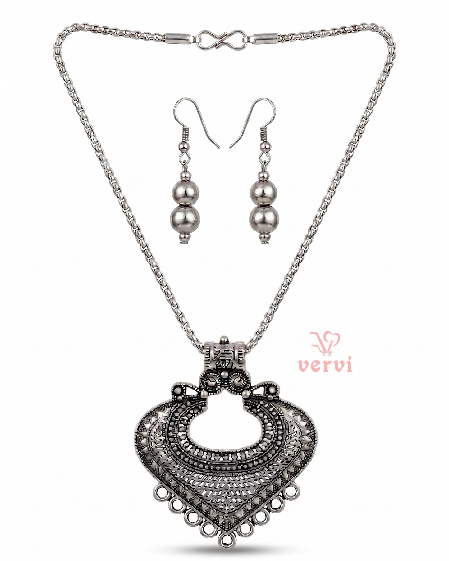 Silver Antique Pendant chain and Beads Earring