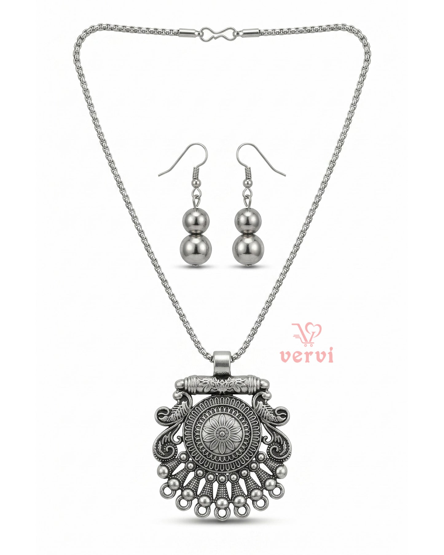 Silver Peacock Pendant chain and Beads Earring