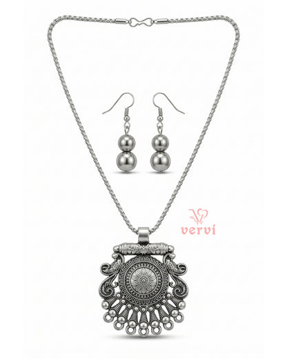 Silver Peacock Pendant chain and Beads Earring