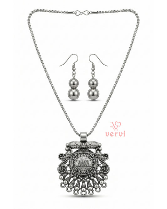 Silver Peacock Pendant chain and Beads Earring