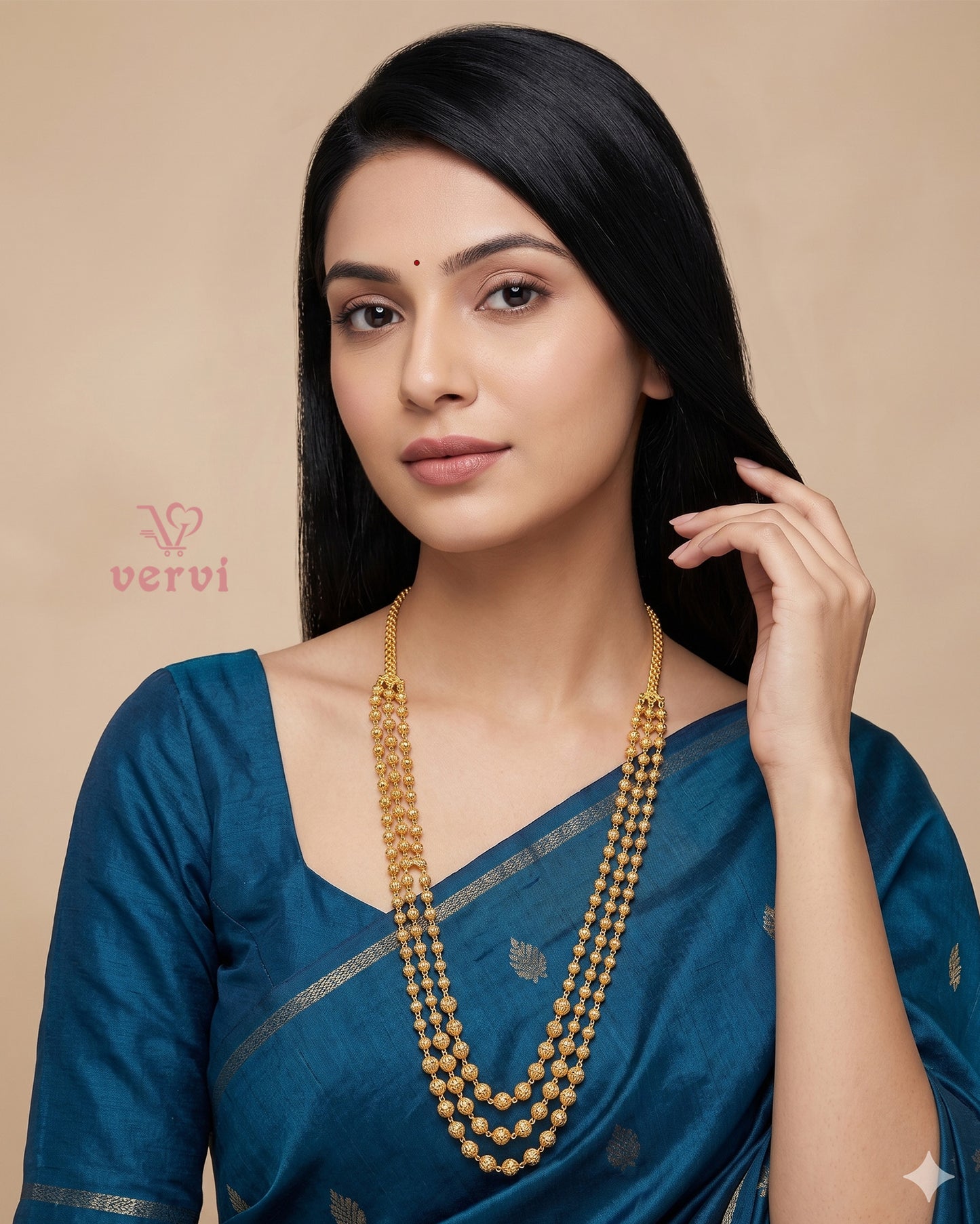 Three Layered Bead Gold Necklace