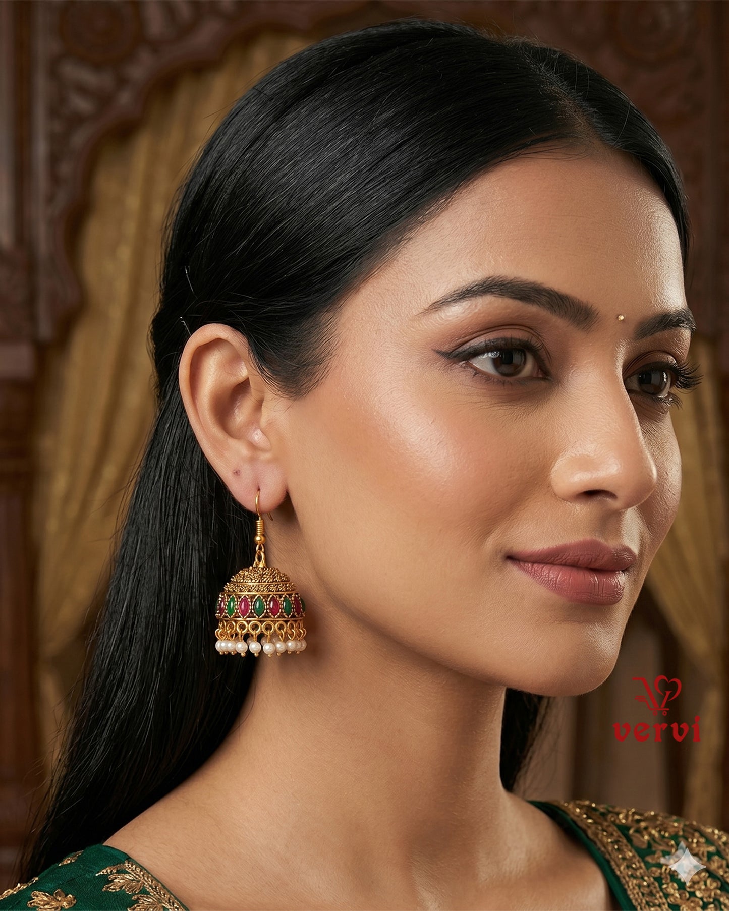 Ethnic Red Green Stone Jhumka