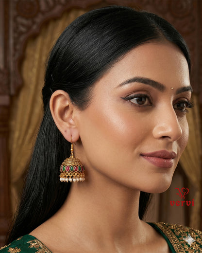 Ethnic Red Green Stone Jhumka