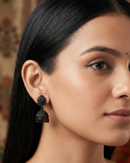 Black Oxidized Floral Jhumka