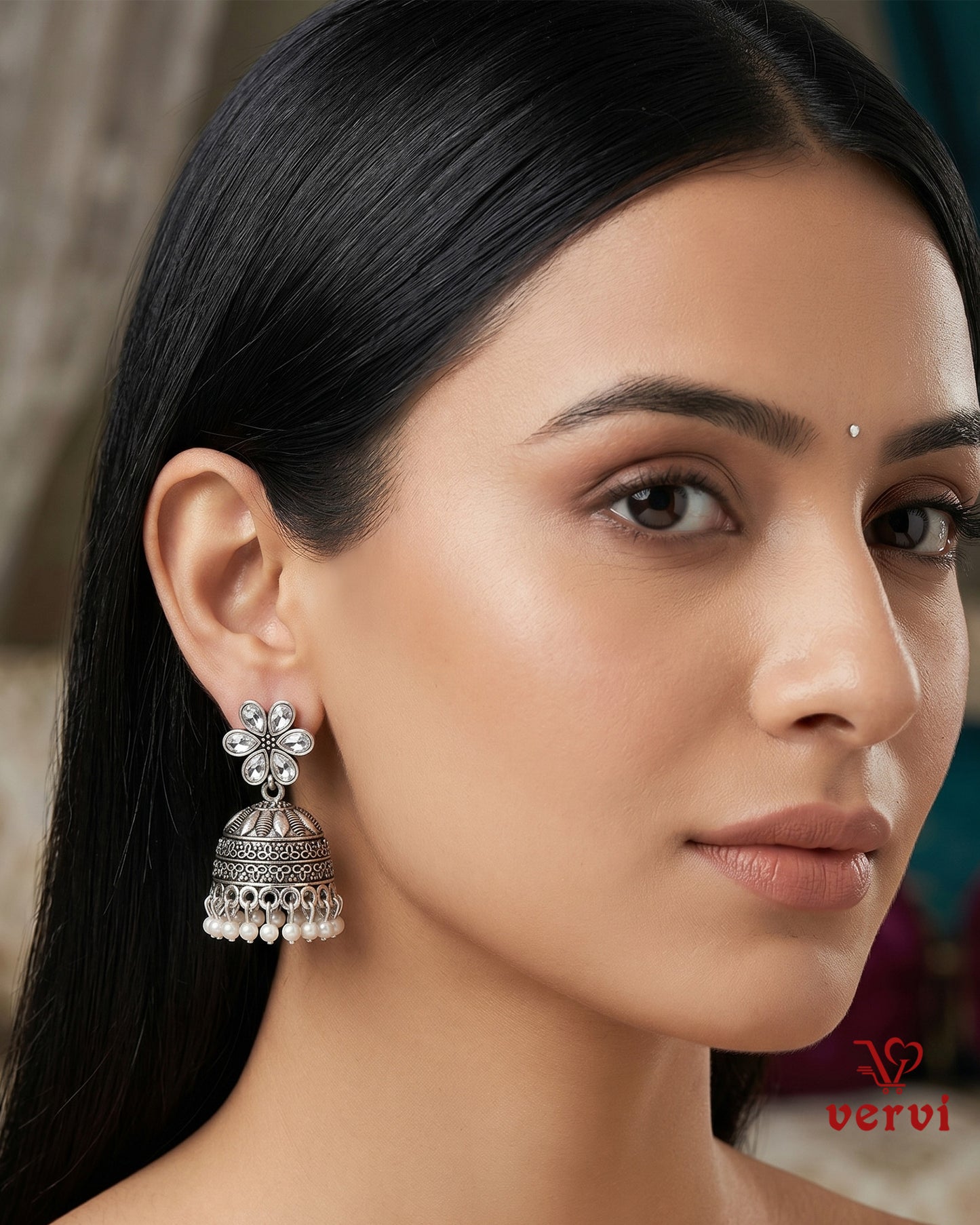 Floral Stone Oxidized Jhumka