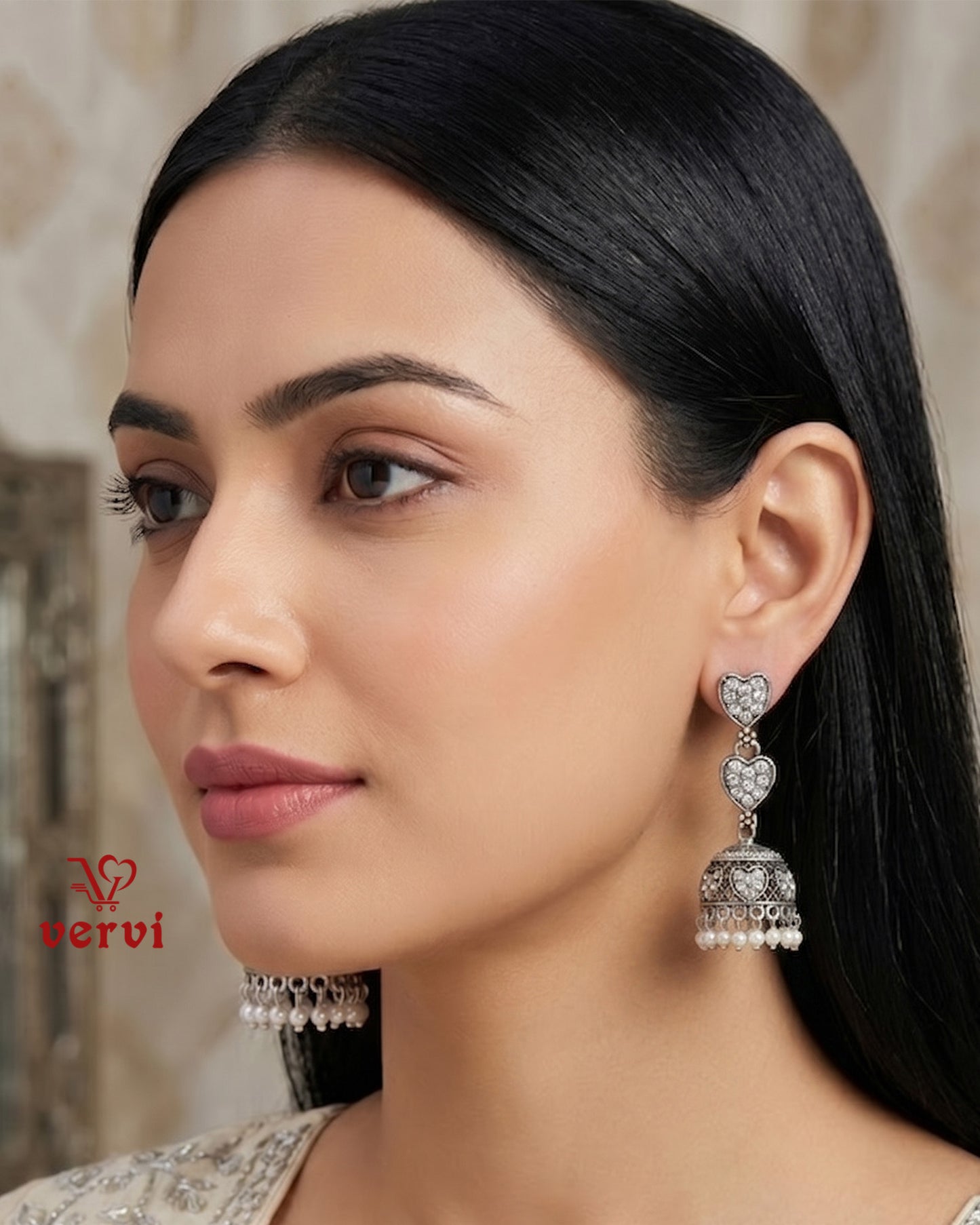 Oxidized Heart Drop Stone Jhumka