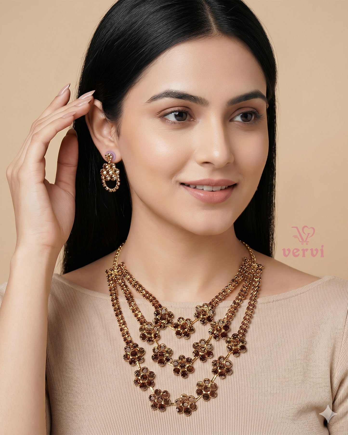 Three layer Stone Floral Necklace Set