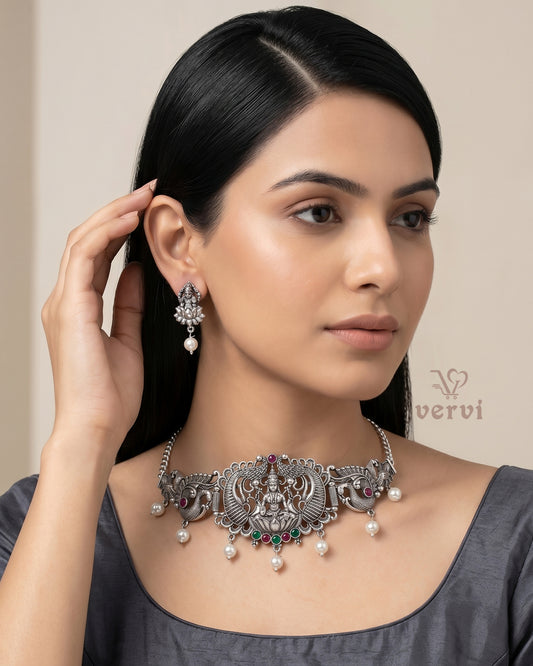 Oxidized Lakshmi Peacock Choker