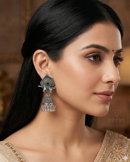 Oxidized Flute Peacock Feather Jhumka