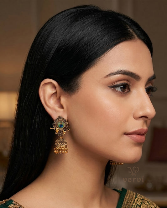 Golden Flute Peacock Feather Jhumka