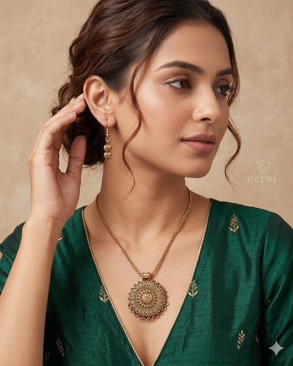 Gold Floral Pendant chain and Beads Earring
