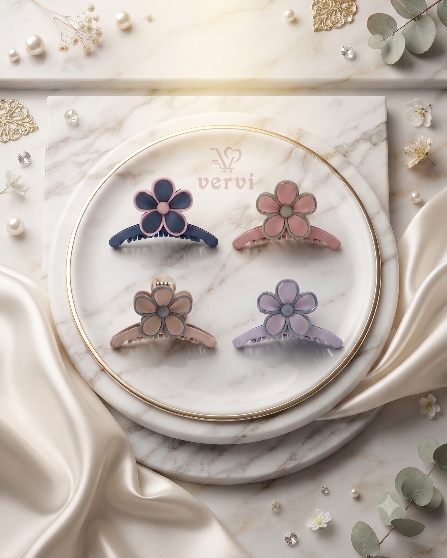 Korean Floral Long Hair Claw Clip Set 2 (Pack of 4)