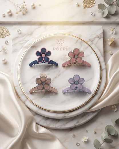 Korean Floral Long Hair Claw Clip Set 2 (Pack of 4)