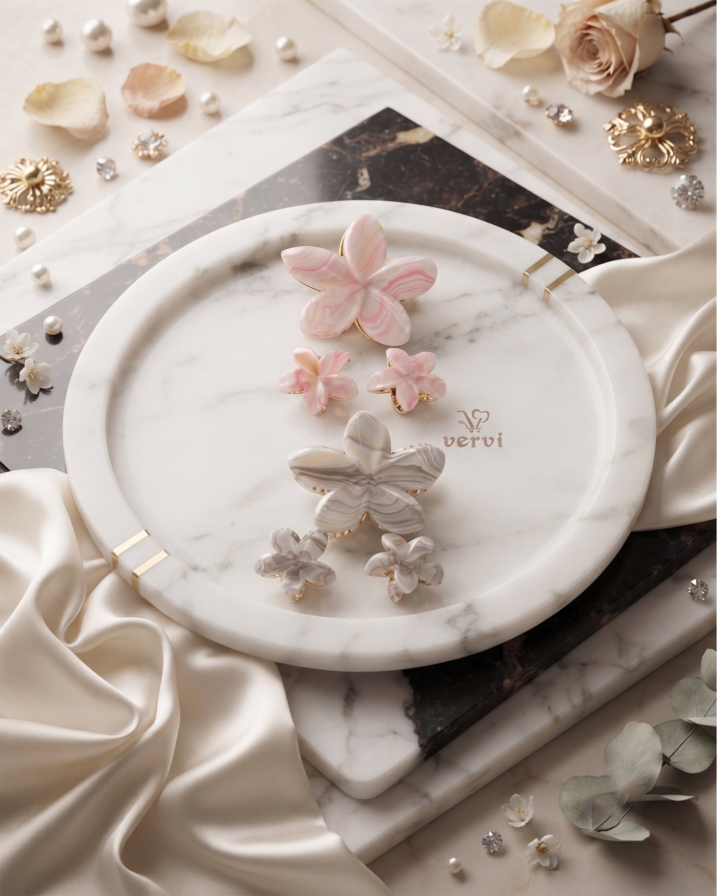 Marble Flower Hair Claw Clip Set 3 (Pack of 6)
