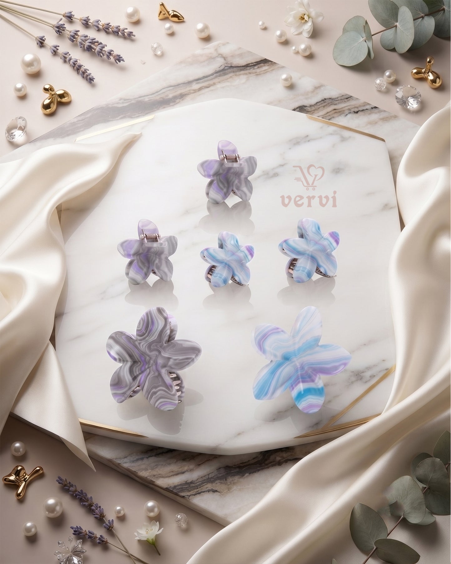 Marble Flower Hair Claw Clip Set 4 (Pack of 6)