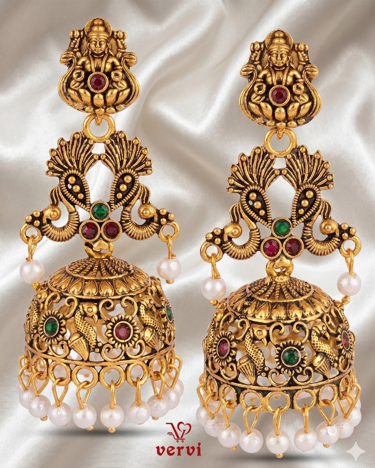 Antique Temple Lakshmi Jhumka with Pearl Drops