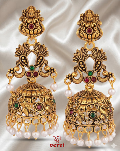 Antique Temple Lakshmi Jhumka with Pearl Drops