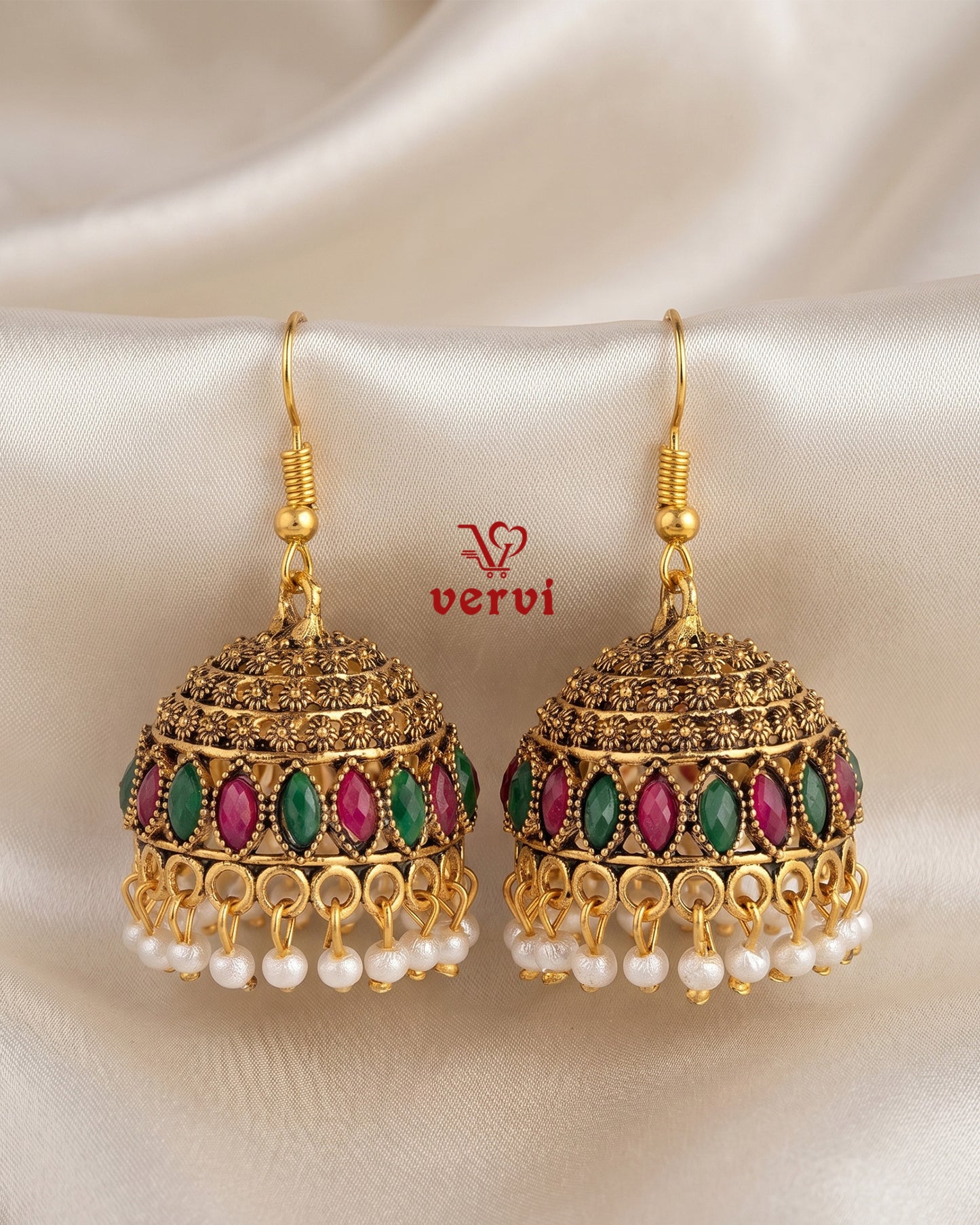 Ethnic Red Green Stone Jhumka