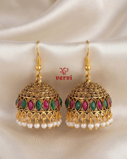 Ethnic Red Green Stone Jhumka
