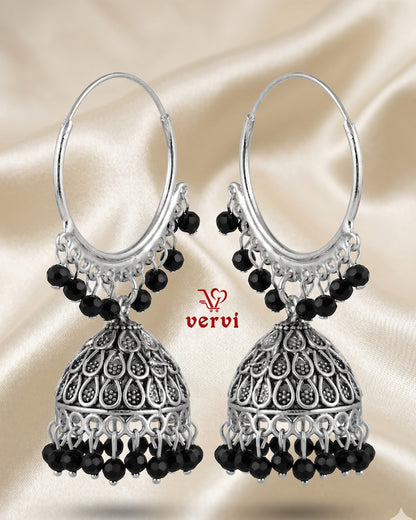 Oxidized Silver Hoop Jhumka with Black Beads