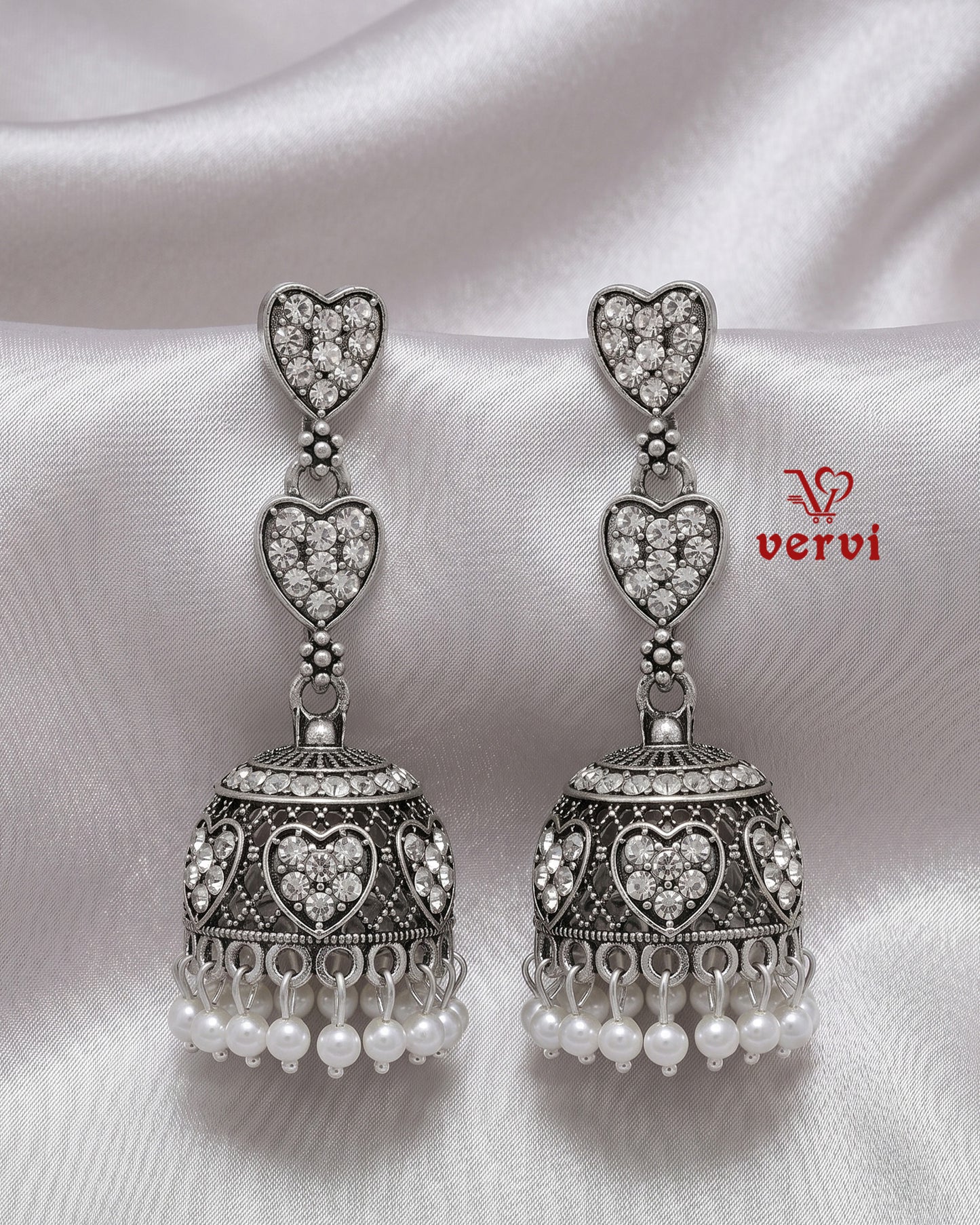 Oxidized Heart Drop Stone Jhumka