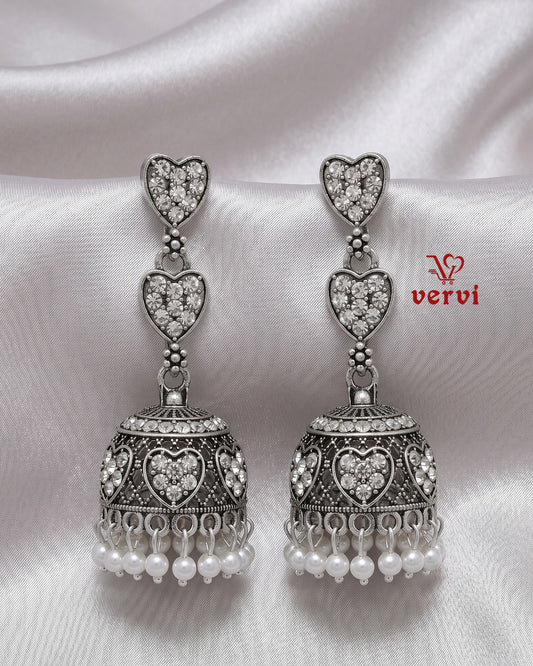 Oxidized Heart Drop Stone Jhumka