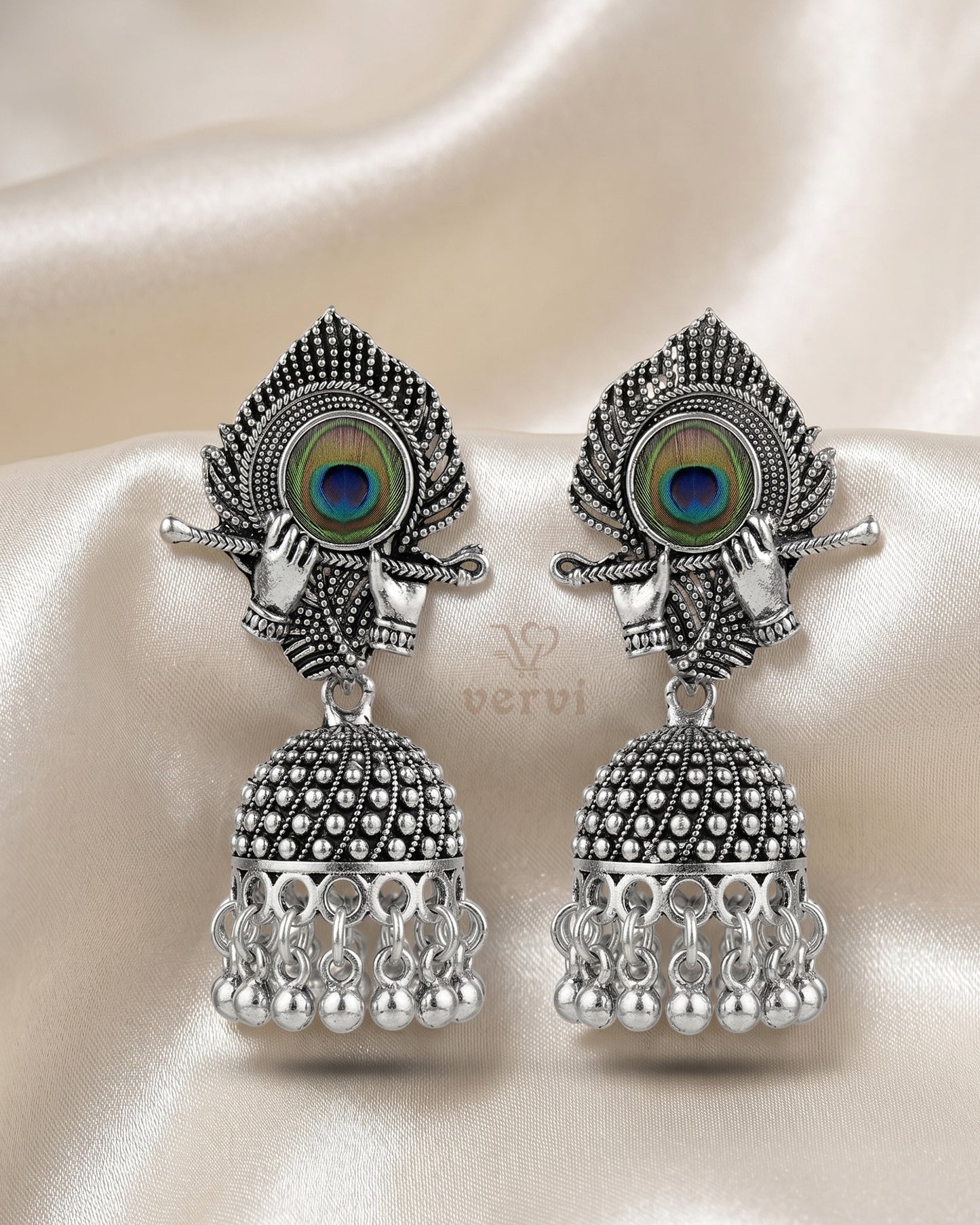 Oxidized Flute Peacock Feather Jhumka