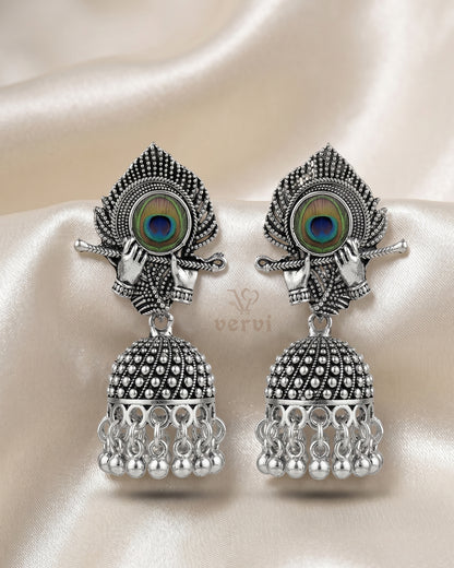 Oxidized Flute Peacock Feather Jhumka