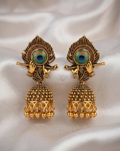 Golden Flute Peacock Feather Jhumka