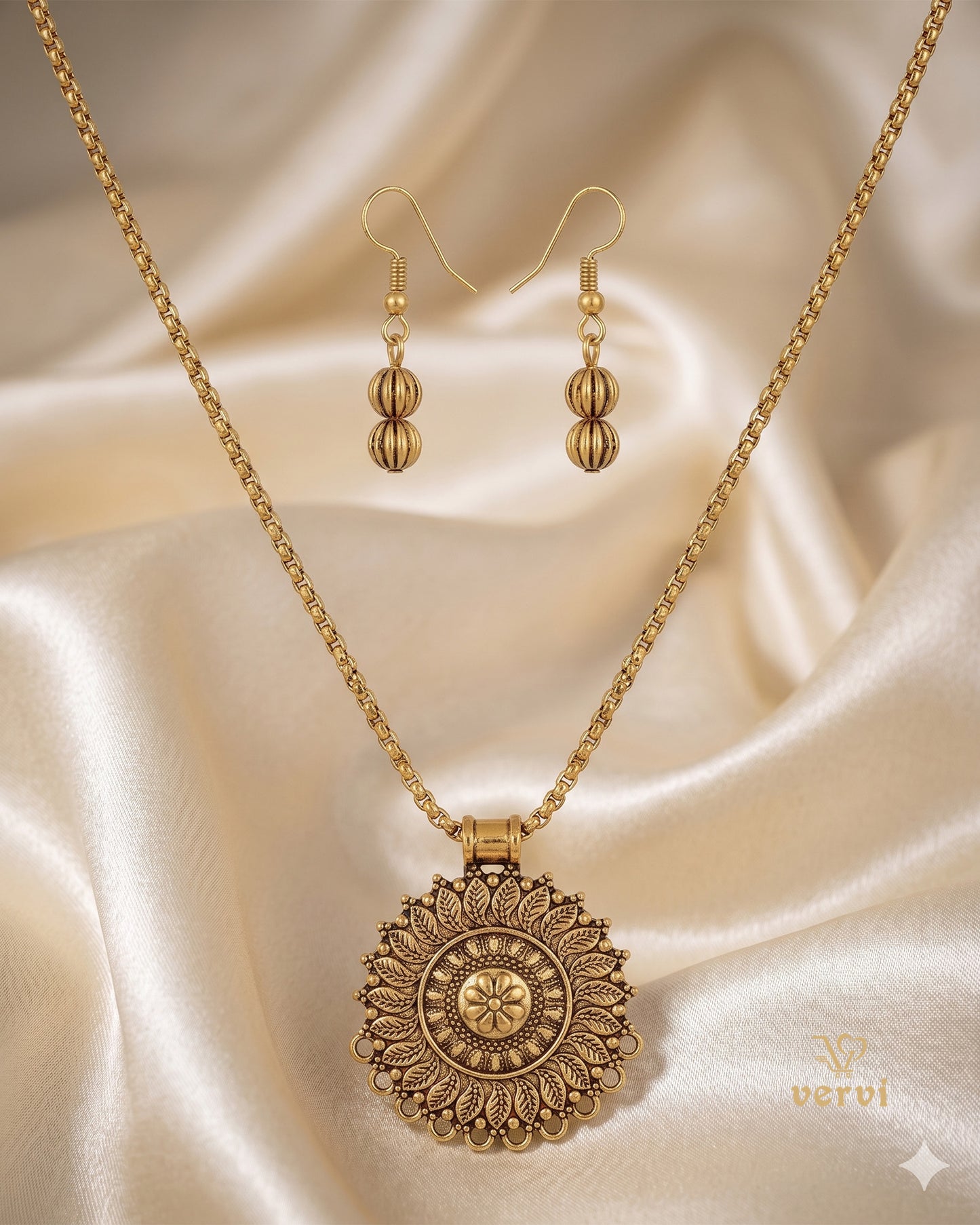 Gold Floral Pendant chain and Beads Earring