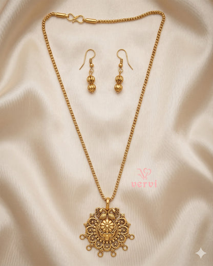 Gold Peacock Floral Pendant chain and Beads Earring